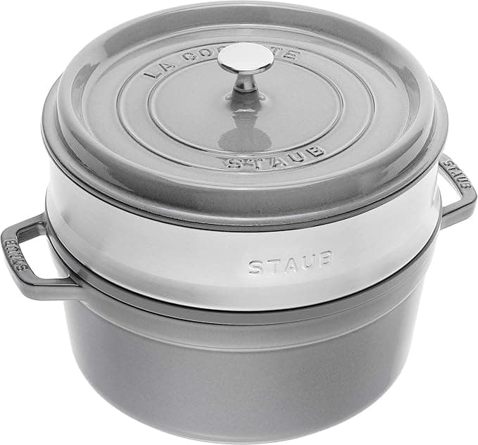 STAUB Enamelled Cast Iron Casserole Dish with Lid and Steam Basket, Suitable for All Heat Sources Including Induction, 4 to 5 People, Round, 26 cm, 5 L, 7.2 kg, Graphite Grey - Image 1