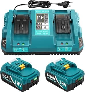 Chargeur DC18RD et 2 Batteries de Rechange 5,5 Ah pour Batteries Makita 18 V, Compatible avec BL1815, BL1830, BL1840, BL1850, BL1860, BL1890, BL1415, BL1430, BL1440