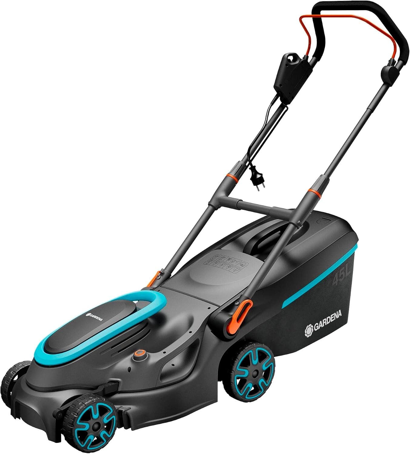 Gardena tondeuse à gazon électrique PowerMax 37/1800 G2: Tondeuse <500 m², puissance 1 800 W, largeur coupe 37 cm, volume bac 45 l, hauteur 35–65 mm, poignée ErgoTec Plus, rabattable (14637-20) - Image 1