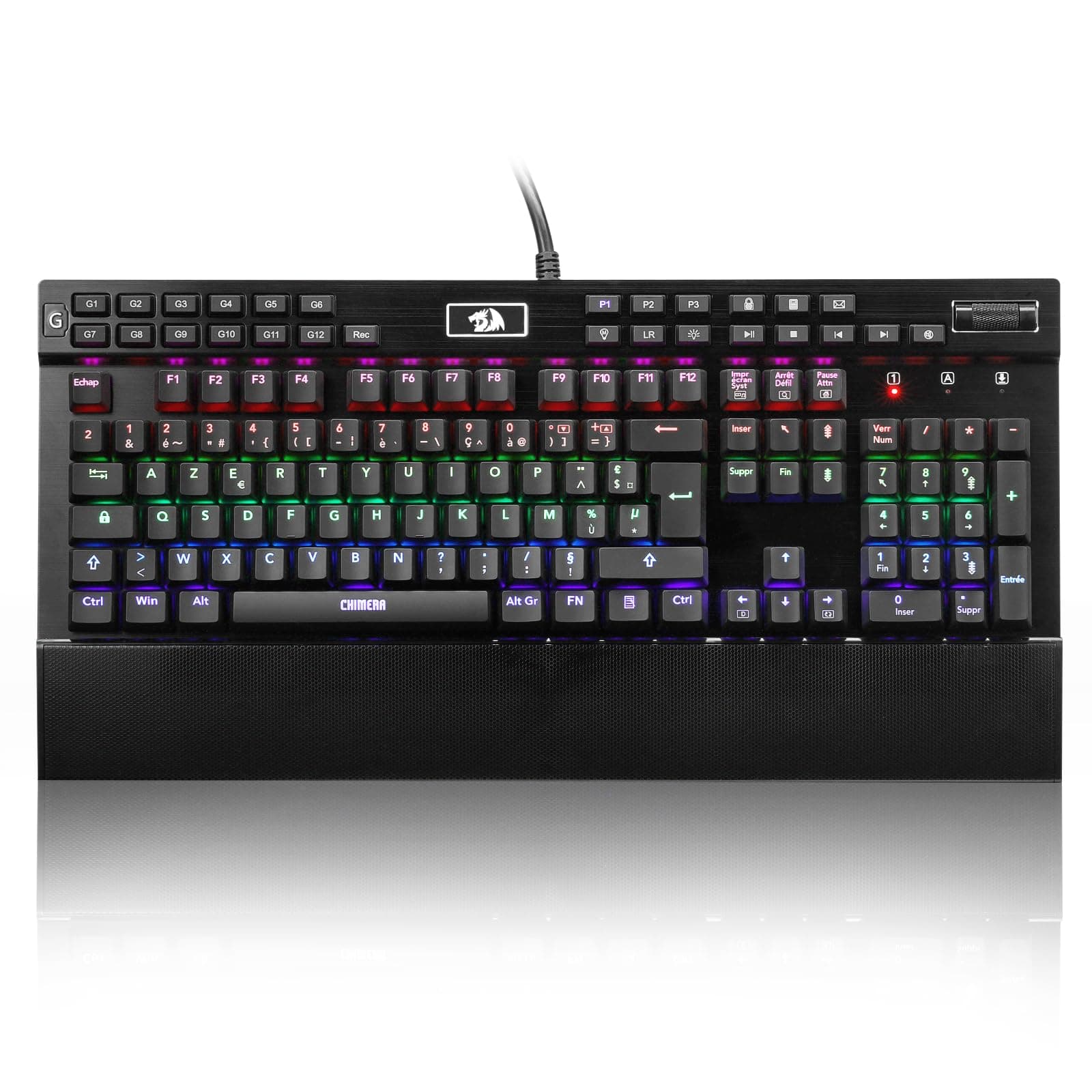 Redragon K550 RGB AZERTY Gaming Keyboard, 104 Keys + 12 Macro G Keys, Wired Mechanical Keyboard, Aluminium Top Plate, Purple Clickable Switch, 2 USB Ports, Wrist Rest, Black - Image 1