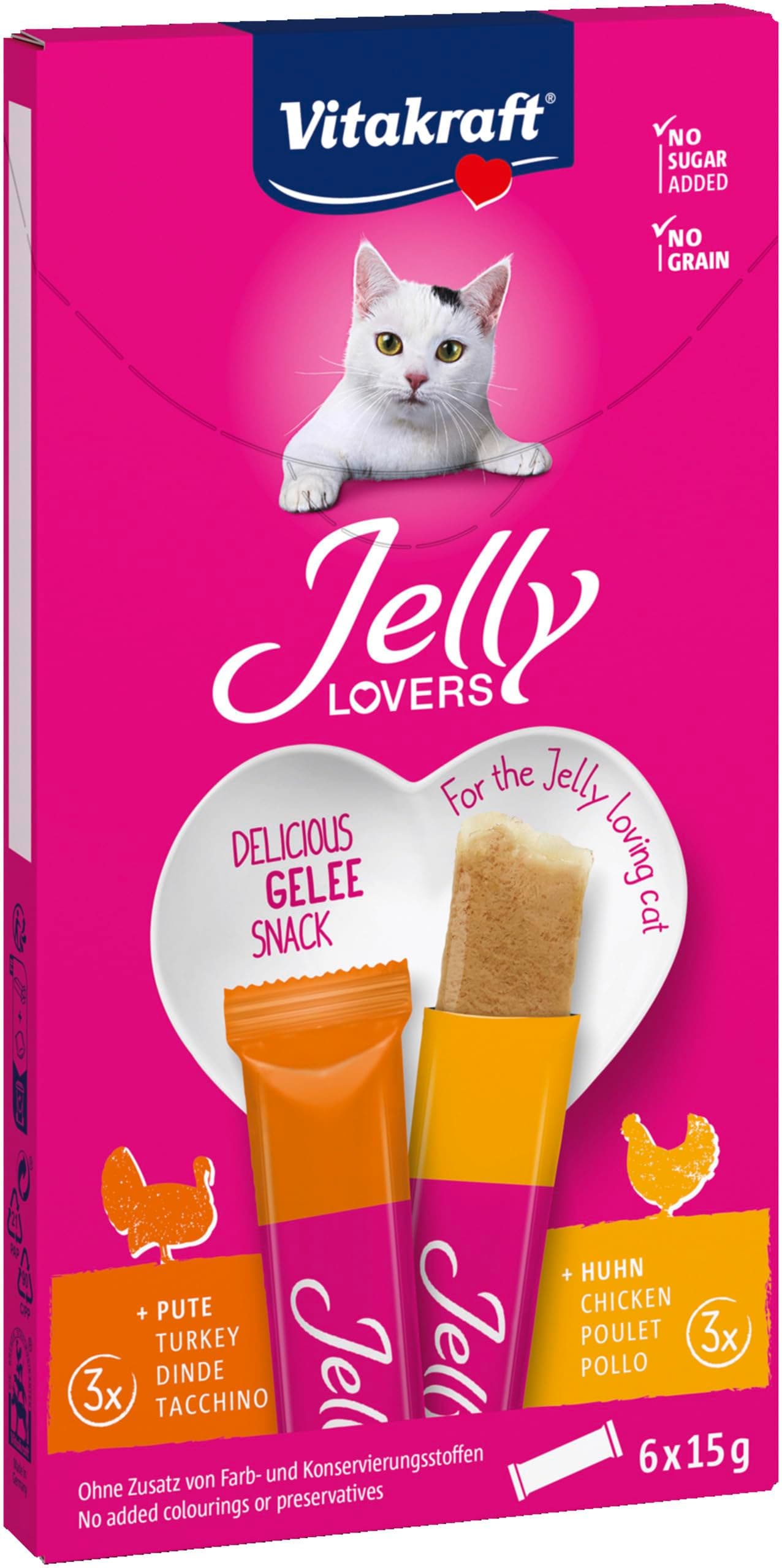 Vitakraft Jelly Lovers, Cat Treats, Chicken Turkey Gummy Snack, Individual Sticks, No Sugar Added (1 Pack 6x 15g)