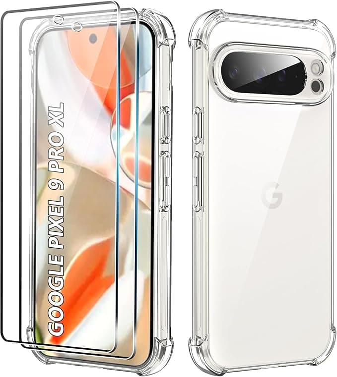 Case for Google Pixel 9 Pro XL with 2 PC Tempered Glass Screen Protector, Transparent Soft TPU Silicone Case with Camera Case, Shockproof
