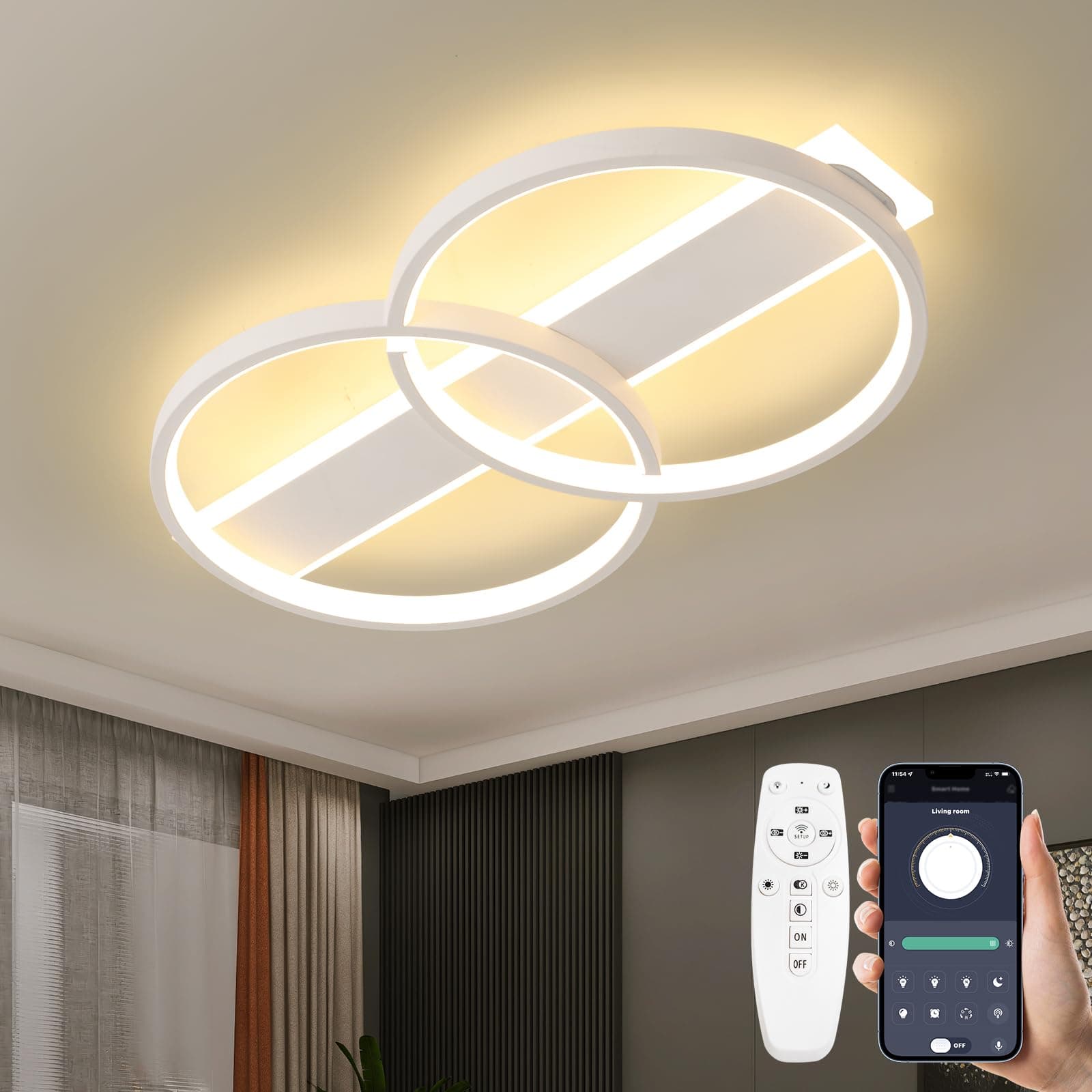 Ring LED Ceiling Light, Dimmable Lamp with Remote Control, Ceiling Light with 2 Round Rings, Modern Ceiling Lighting 3000K-6000K for Living Room, Ceiling Light for Bedroom and Dining Room, White