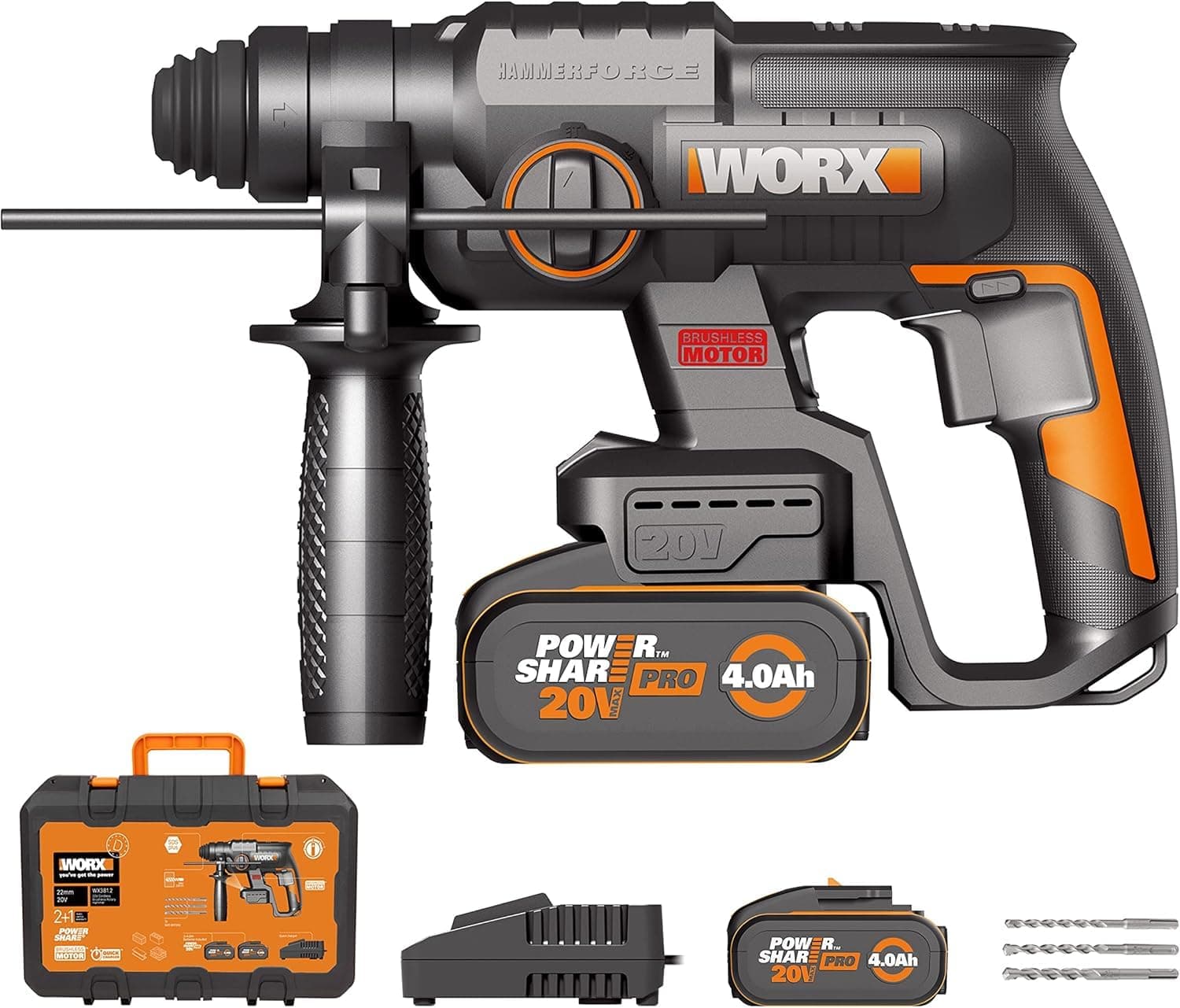 Pack WORX NITRO Cordless Brushless 20V WX381 2J 3 in 1 Drilling, Percussion, Chisel in All Materials, Anti-Vibration, Comes with 2 x 4Ah Batteries, Charger and Accessories