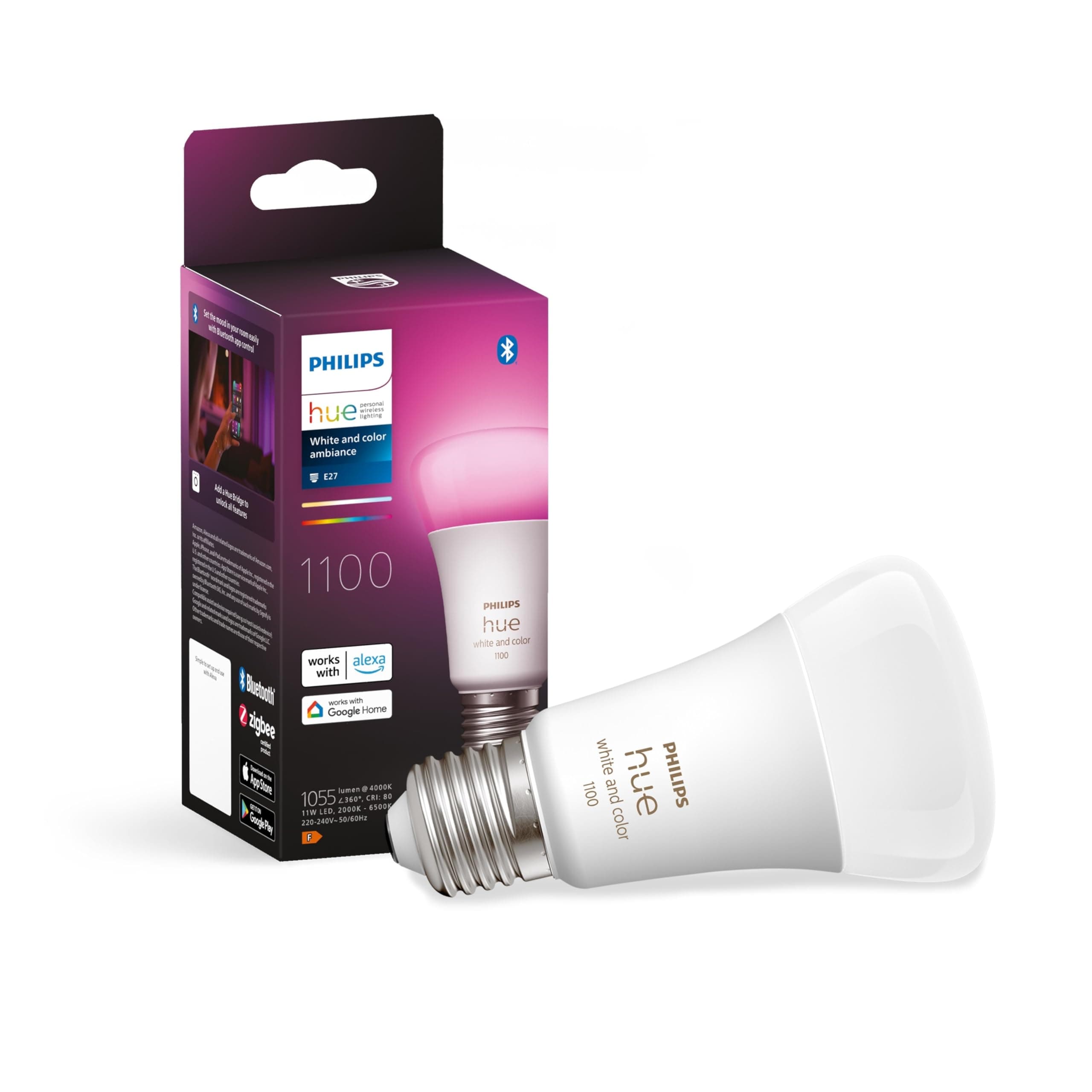 Philips Hue White and Color Ambiance, E27 Smart LED Bulb, 75W Equivalent, 1100 Lumens, Bluetooth Compatible, Works with Alexa, Google Assistant and Apple Homekit, Older Generation - Image 1