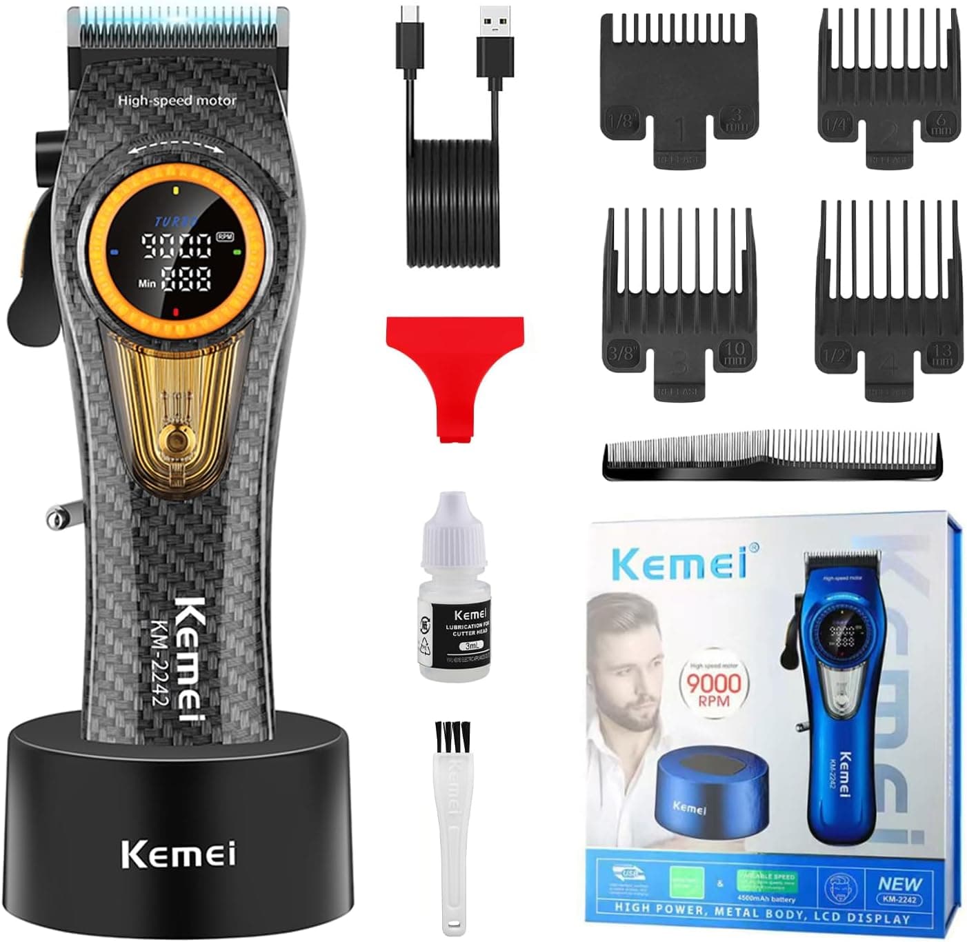KEMEI 2242 Professional Hair Clipper for Men, Cordless Electric Hair Clipper, DLC Blades, Turbo Motor 5000-9000RPM, USB Rechargeable, Up to 220 Minutes Use with LED Display