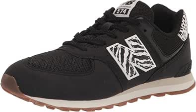 New Balance Girls 574 V1 Animal Lace-Up Sneaker, Black/White, 5 Big Kid