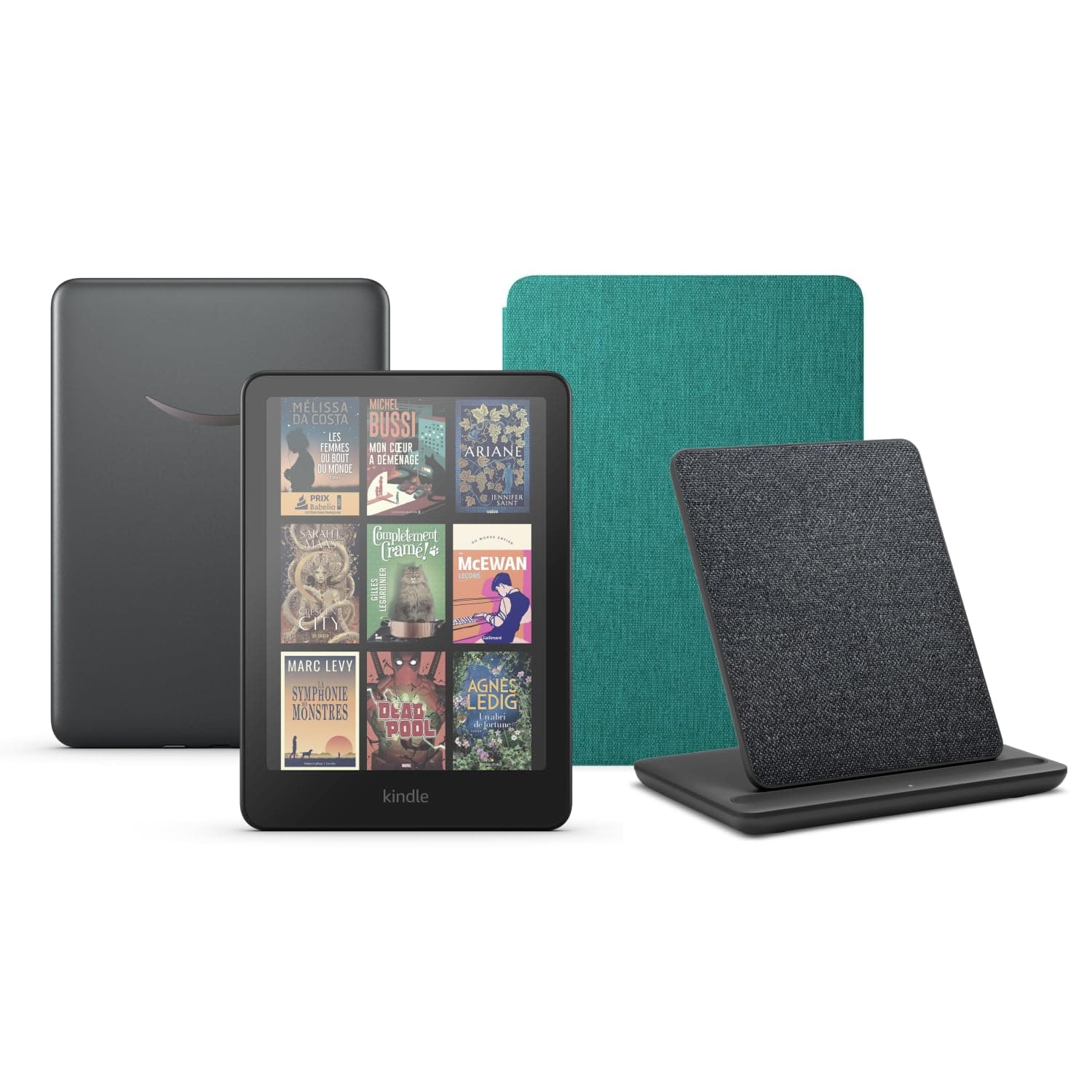 Kindle Colorsoft Signature Edition (32 GB) sans publicité, une couverture en tissu Amazon et une station de chargement sans fil Made for Amazon