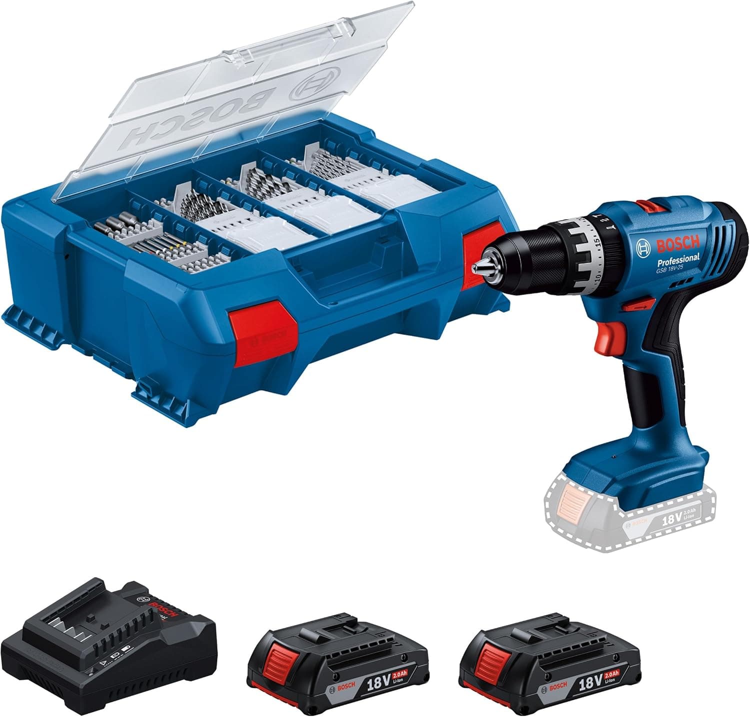 Bosch Professional 18V System cordless impact driver GSB 18V-25 (max. screw diameter 10 mm, with 2 GBA 2.0 Ah batteries, GAL 18V-20, access set 63 pieces, L-Case Pick & Click) - Image 1