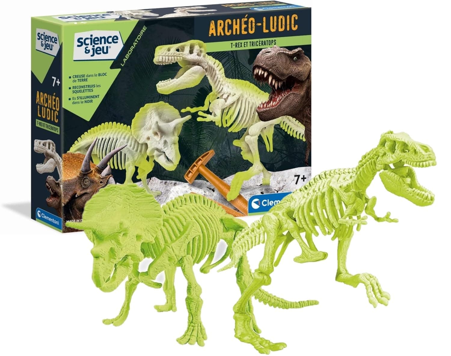 Clementoni Clementoni | T-Rex & Triceratops Paleontology Set for Children 7+ | Science & Play: Archéo Ludic | Glowing Skeletons to Assemble | Augmented Reality App Included | Idea