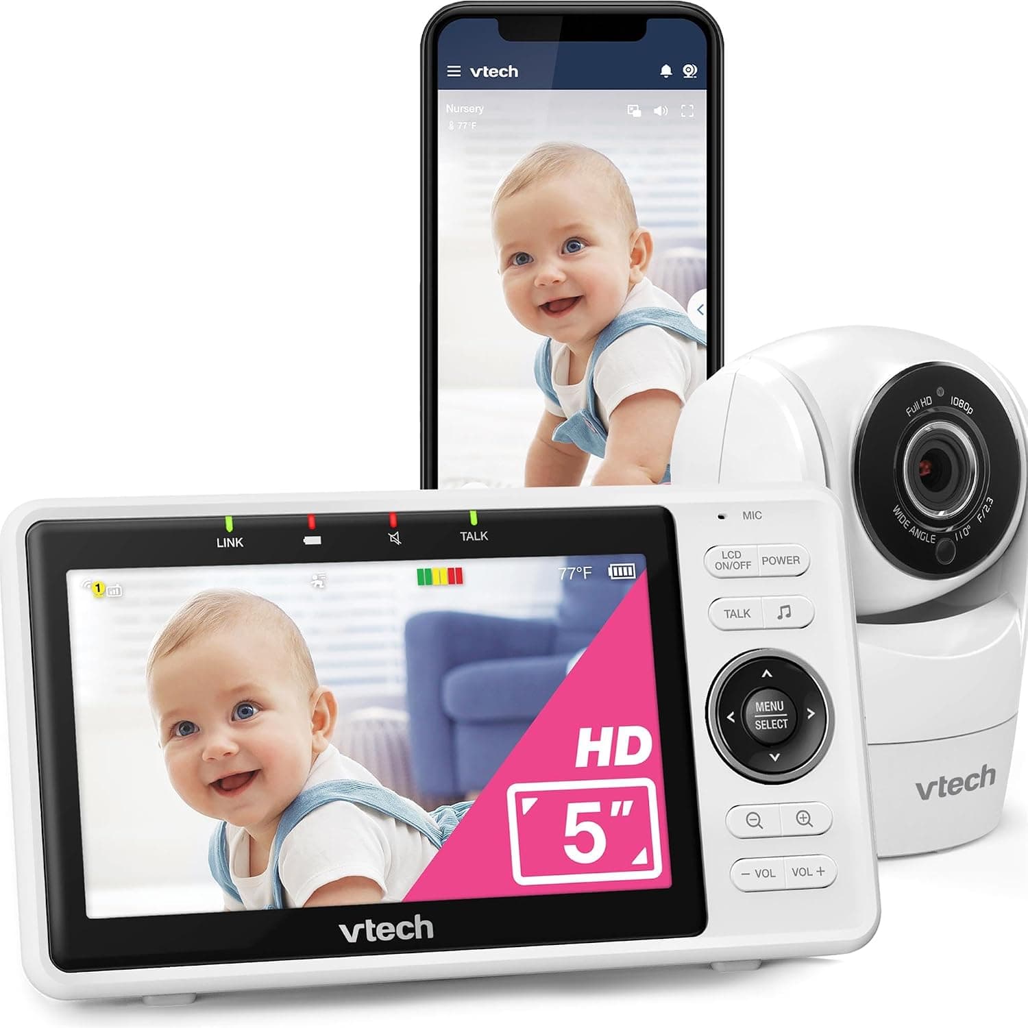VTech Babyphone Camera 5 inch Baby Camera 1080p, 120° Wide Angle View, Night Vision, Remote Pan-Tilt Zoom, Two-Way Talc, Works with iOS and Android, WiFi - Image 1