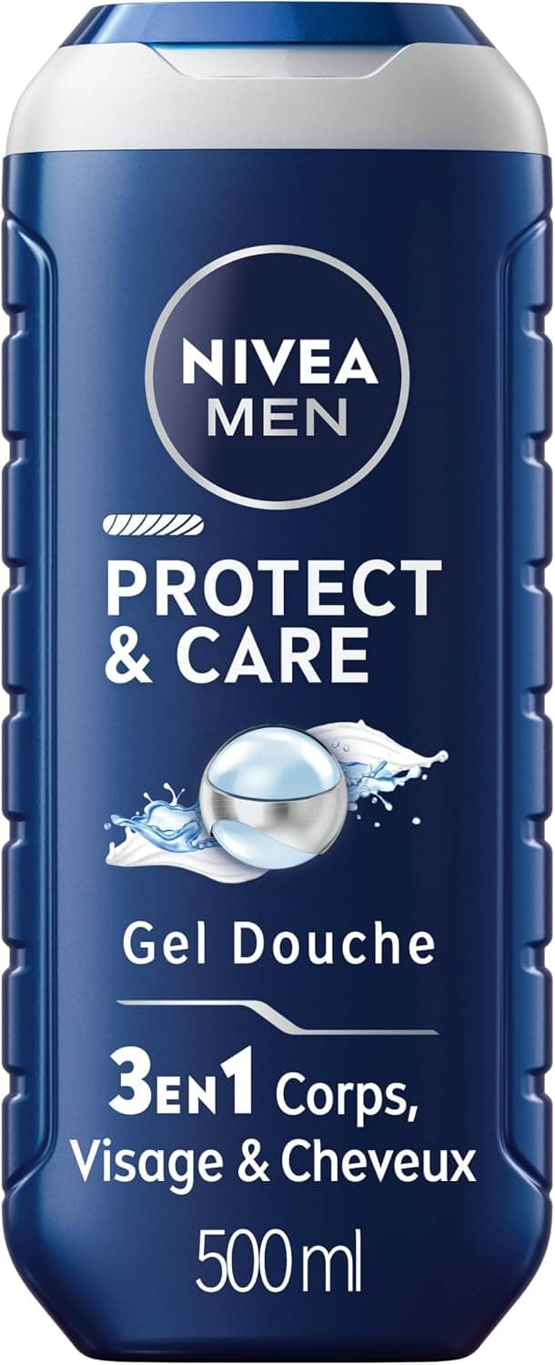 NIVEA MEN Gel douche 3-en-1 Protect & Care (1 x 500 ml), Gel douche homme à l’aloe vera, Soin nettoyant pour homme visage, corps et cheveux