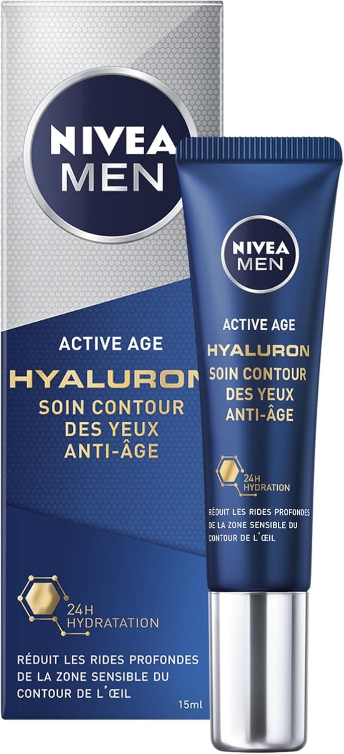 NIVEA MEN Soin Yeux Anti Age (1 x 15 ml), Crème contour des yeux hydratant à l’Acide Hyaluronique, Soin visage anti-rides et ridules pour hommes