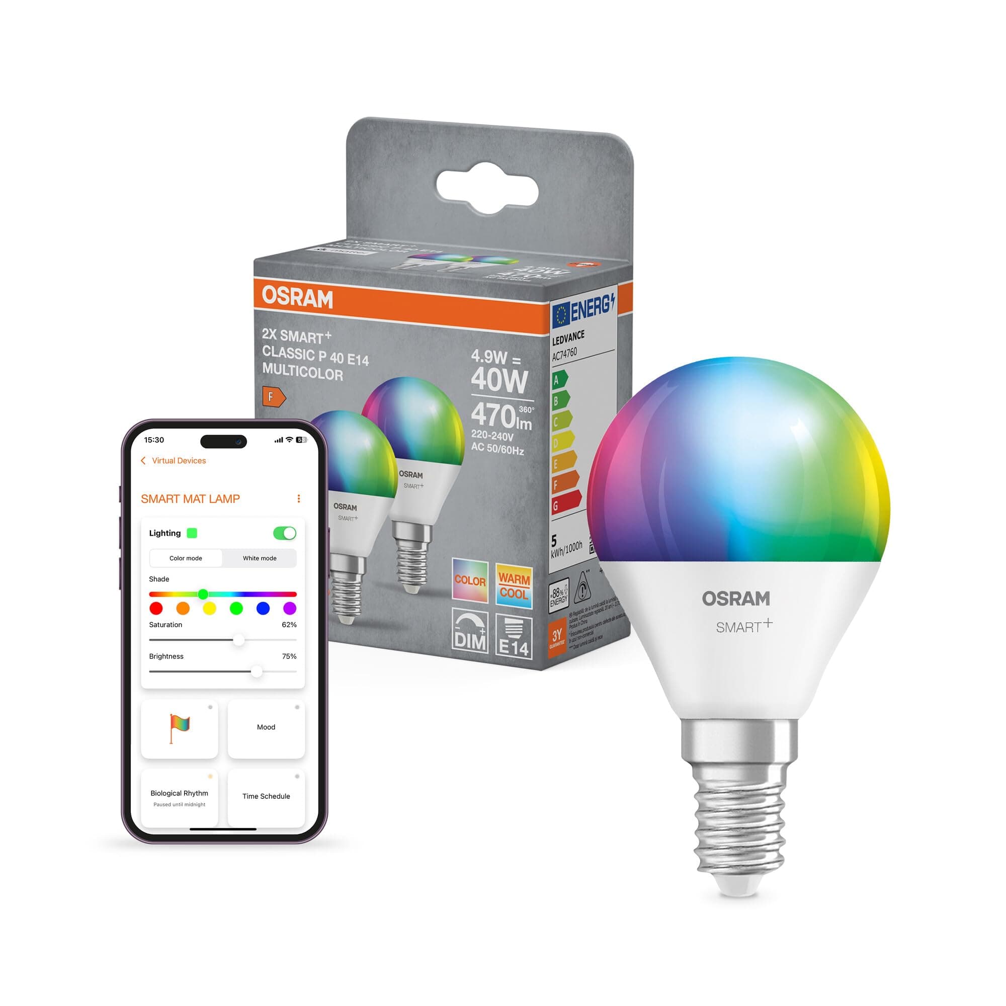 OSRAM SMART+ Ampoule goutte RGB (lot de 2, E14, 9W) – 16M couleurs – lumière réglable – Matter via Wi-Fi – Alexa, Google, Apple - Image 2