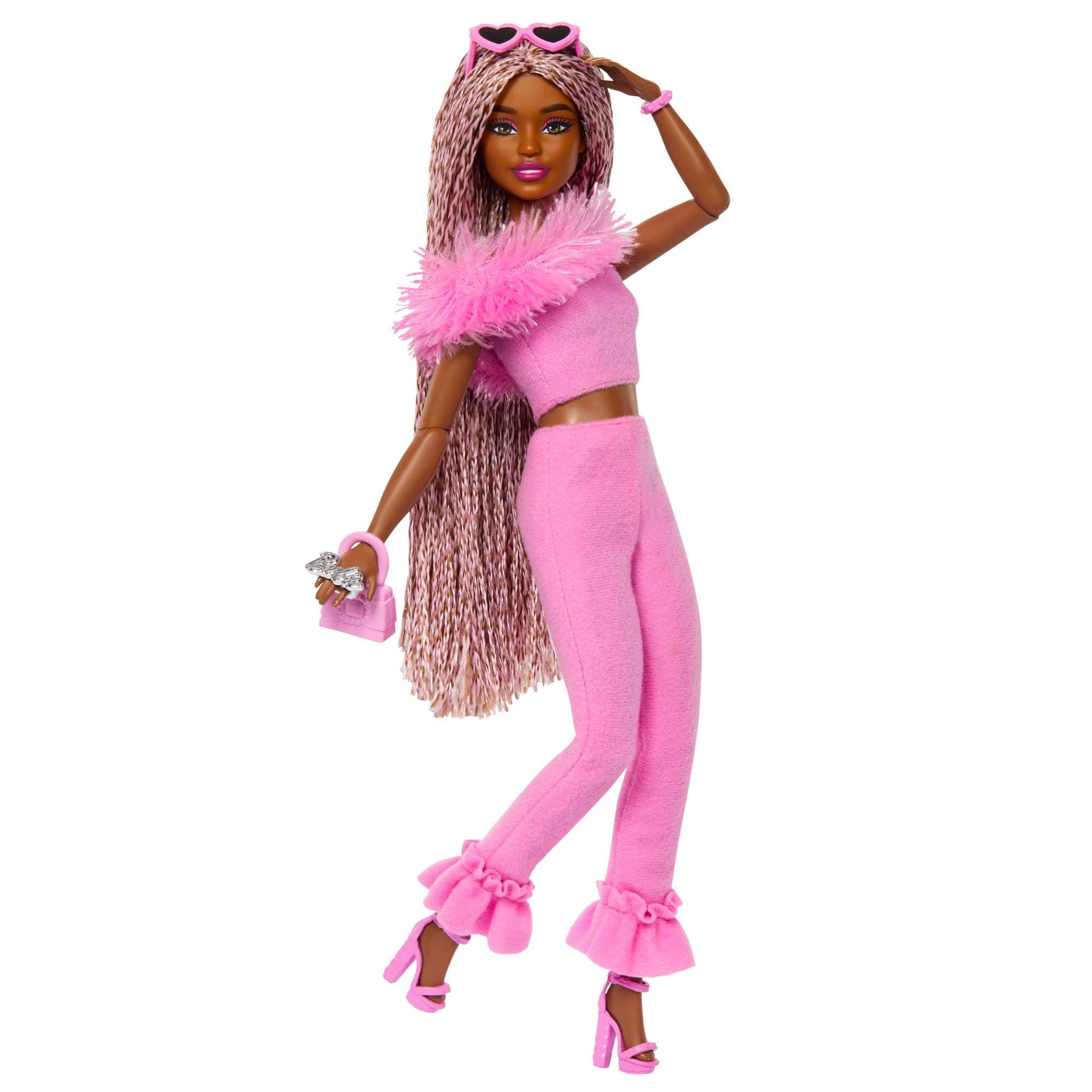 Barbie Deluxe Style Barbiecore Doll, Brown and Pink Braids, Faux Fur Neck Top Set, Fabric Trousers and Costume Accessories, HYV28