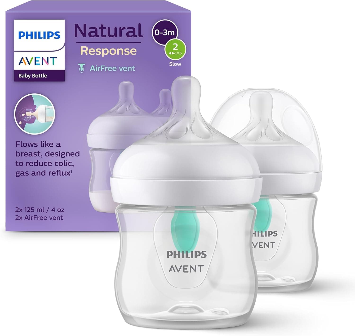 Philips Avent Lot de 2 biberons à Réponse Naturelle de 125 ml avec valve AirFree, sans BPA, pour les bébés de 0 mois et + (modèle SCY670/02)