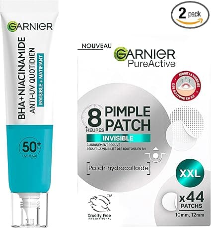 Garnier Pure Active Button Patch x 44 + Anti-UV & Anti-Bleach Fluid SPF 50+ Salicylic - Reduces the Appearance of Blemishes - Vegan & Cruelty Free - All Skin Types - Unisex