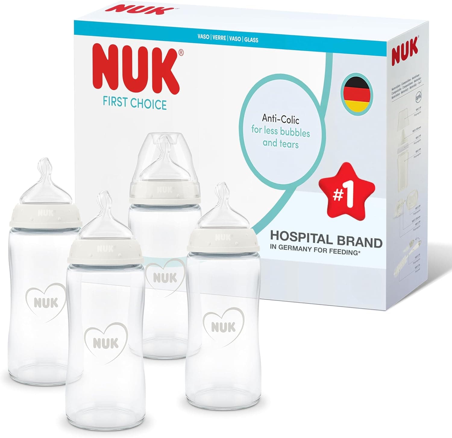 NUK First Choice Baby Bottles | 0+ Months | 240ml | Anti-Colic Bottle | Glass | Temperature Control Indicator | Pack of 4