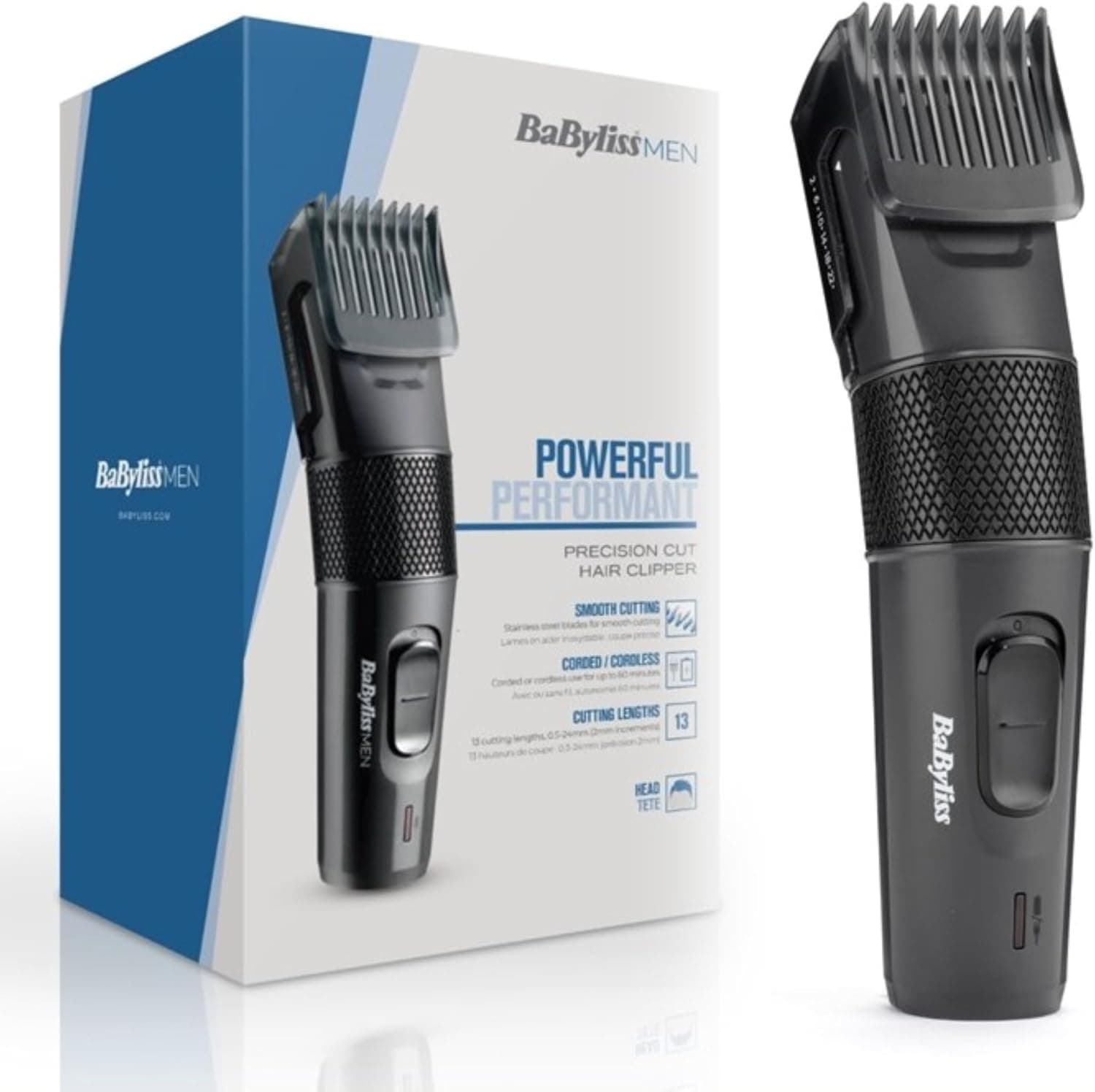 Tondeuse Cheveux de Précision Sans Fil BaByliss,13 hauteurs de coupe de 0,5 à 24 mm, 60 min d'autonomie, Lames en Acier Inoxydable, Noir, E786E