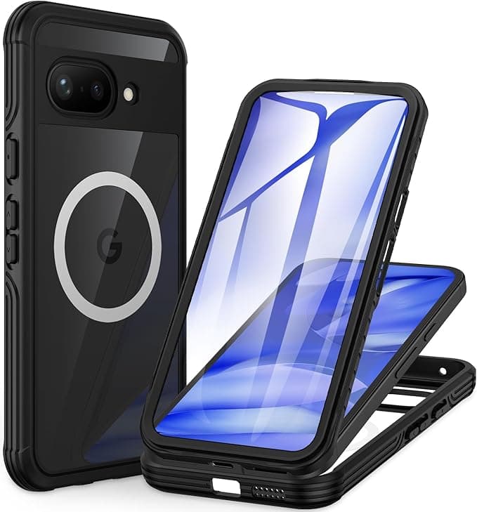 CENHUFO Google Pixel 9a Case, Shockproof Case with 9H Tempered Glass Screen Protector, 360 Degree Protected Phone Magnetic Case Double Sided Case Rugged Transparent Portable Full Body Case – Black - Image 1
