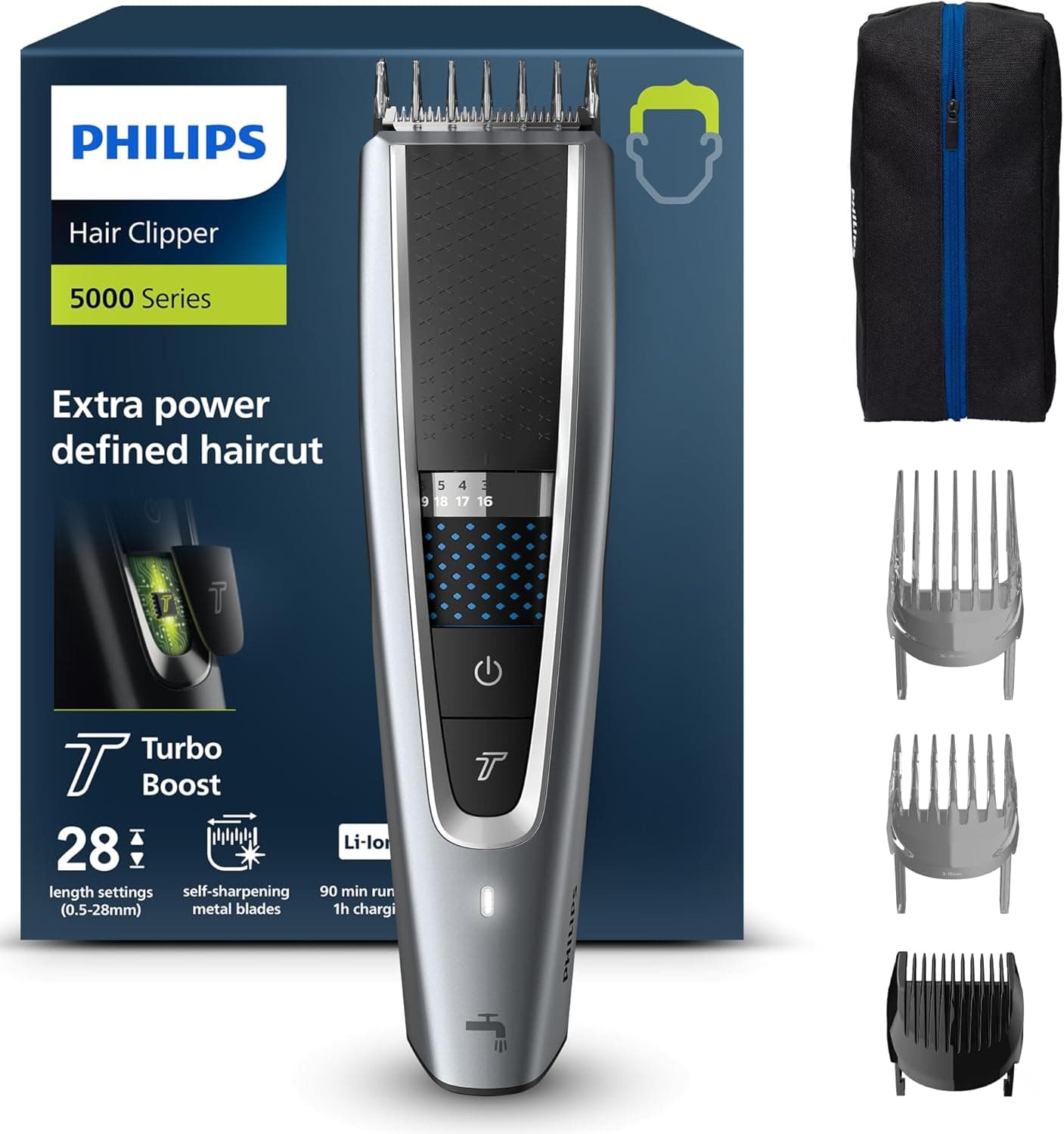 Philips Hair Clipper Série 5000, Tondeuse à Cheveux Lavable avec Technologie Trim-n-Flow Pro (HC5630/15)