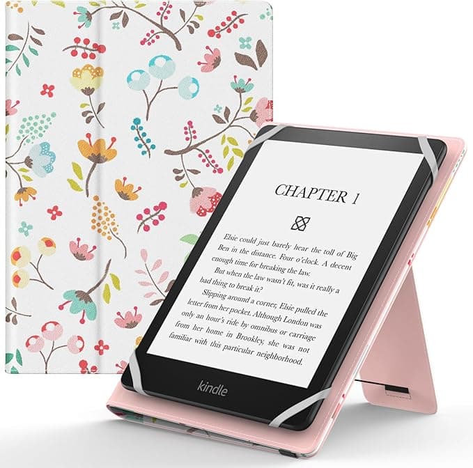 MoKo Universal Case for 6 Inch 6.8 Inch 7 Inch Kindle eReaders Fire Tablet - Kindle/Kobo/Voyaga/Lenovo/Sony Kindle E-Book E-Reader Tablet, PU Case with Adjustable Stand and Hand Strap, Shiny Flowers