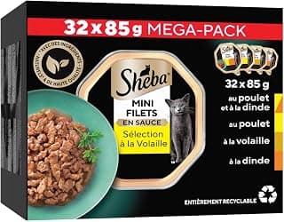 Sheba Mini Filets en Sauce Sélection à la Volaille barquettes pour Chat Adulte 4 variétés Mega Pack 32x85g