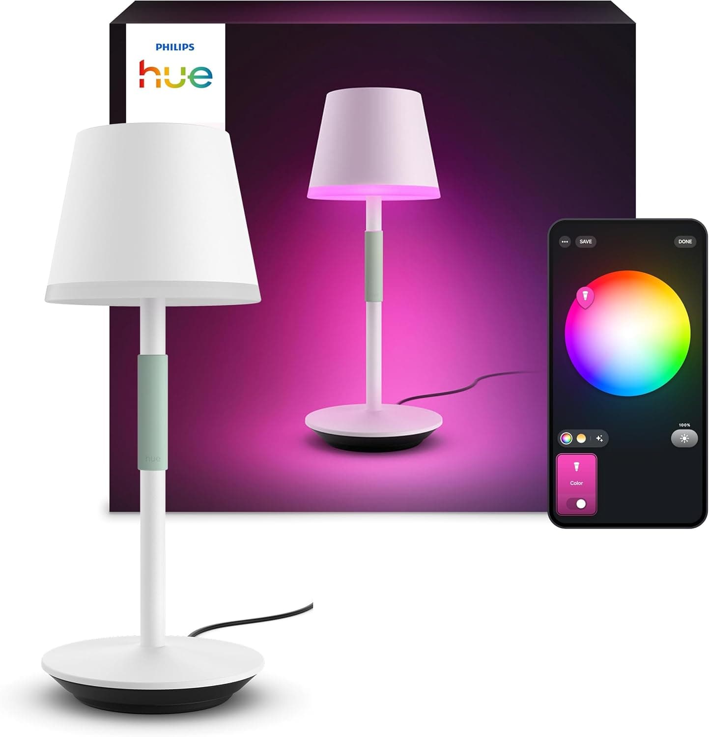 Philips Hue Philips White and Color Ambiance, lampe à poser portable Hue Go Portable Blanche, lampe connectée Philips Bluetooth, 370 lm, 16 m de couleurs, compatible Alexa, Google Assistant et Apple Homekit