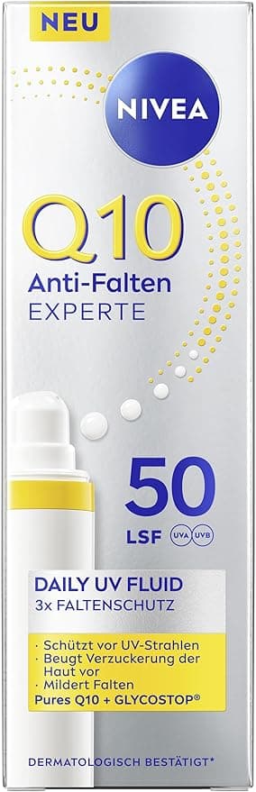 NIVEA NIVEA Q10 Daily UV-Fluid Face Care SPF 50, Sunscreen with Q10, GLYCOSTOP & UV Filter, Anti Wrinkle Q10 Non-Greasy, Sun Protection (40ml)