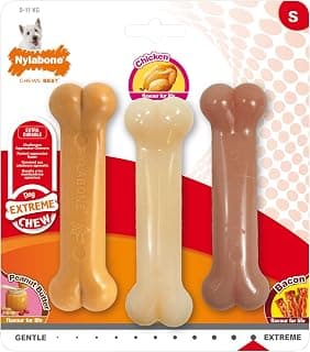 Nylabone Jouet à mâcher résistant Dura, lot de 3, en forme d’os, arômes beurre de cacahuète, poulet et bacon, pour les petits chiens (jusqu’à 11kg), Chiens à mâchouillage puissant/extrême