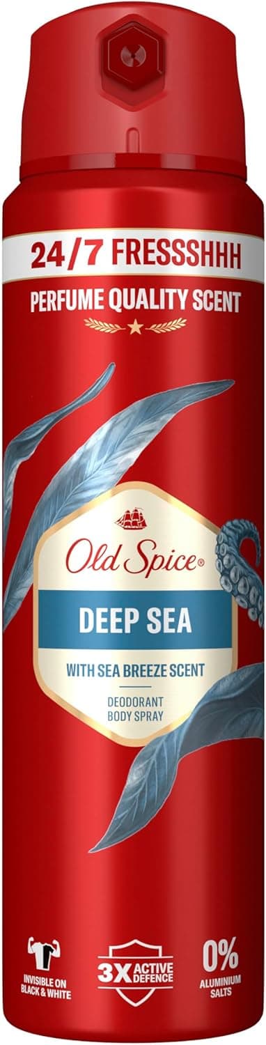 Old Spice Deep Sea Déodorant en spray pour homme 150 ml Fraîcheur 24/7 à usage quotidien Parfum longue durée de qualité Parfum, protection contre les odeurs, sans sels d'aluminium, invisible sur le
