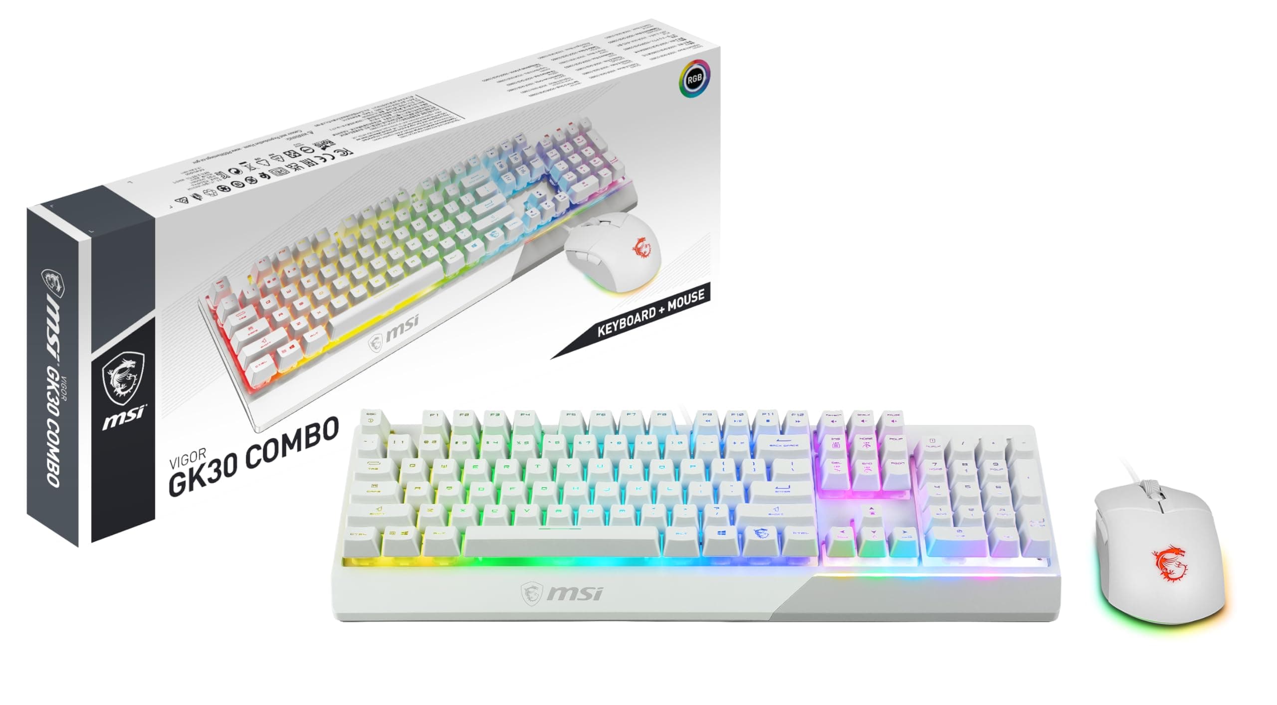 MSI MSI Vigor GK30 Combo White FR Keyboard + Gaming Mouse - Full Size AZERTY Keyboard and Clutch Mouse GM11, Wired, RGB Mystic Light, White