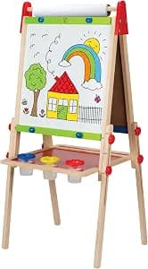 Hape All in One Wooden Easel, Rewarded Easel with Two Sides, Height Adjustable with Paper Roll, Blackboard and Whiteboard, Magnets and 3 Paint Pots