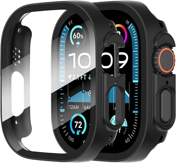 Diruite 2 Pieces Case for Apple Watch Ultra 3/2/1 49mm Protective Hard PC Material Ultra Thin Tempered Glass Screen Case, Black, 49mm - Image 1