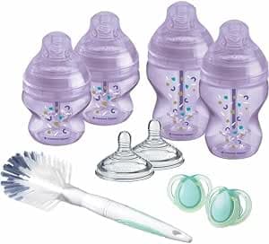 Tommee Tippee Closer to Nature Baby Bottle Kit for Newborns, Dummies Imitating the Breast, Anti-Colic Valve, Bottles 2 x 260 ml 2 x 150 ml, Pacifier, Brush, Purple