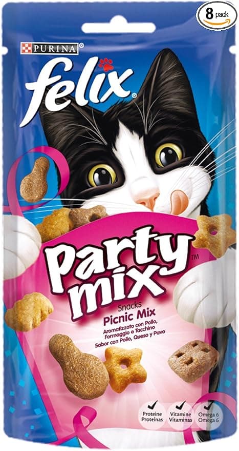 Felix Purina Felix Party Mix Snack Cat Picnic Mix with Chicken, Cheese and Turkey, 8 x 60g Boxes