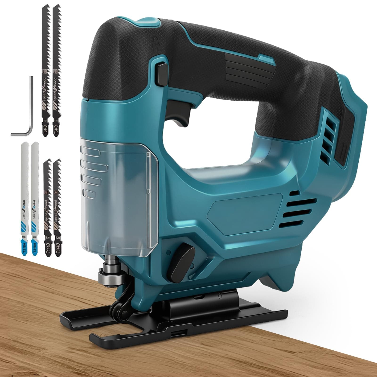 Makita Scie Sauteuse Sans Fil compatible avec Makita 18V batteries, pour la Coupe du Bois, vitesse variable, coupe à onglet 0-45°, 6 lames incluses pour bois(sans batterie)