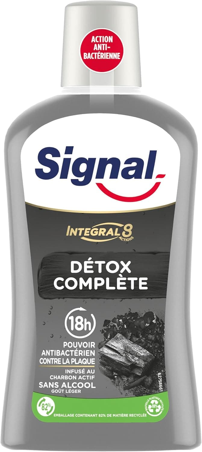 Signal SIGNAL - Bain de Bouche Intégral 8 Détox Complète - Infusé au Charbon Actif - Enrichi en Zince Minéral pour une éfficacité antibactérienne pendant 18h - Sans Alcool - 500ml