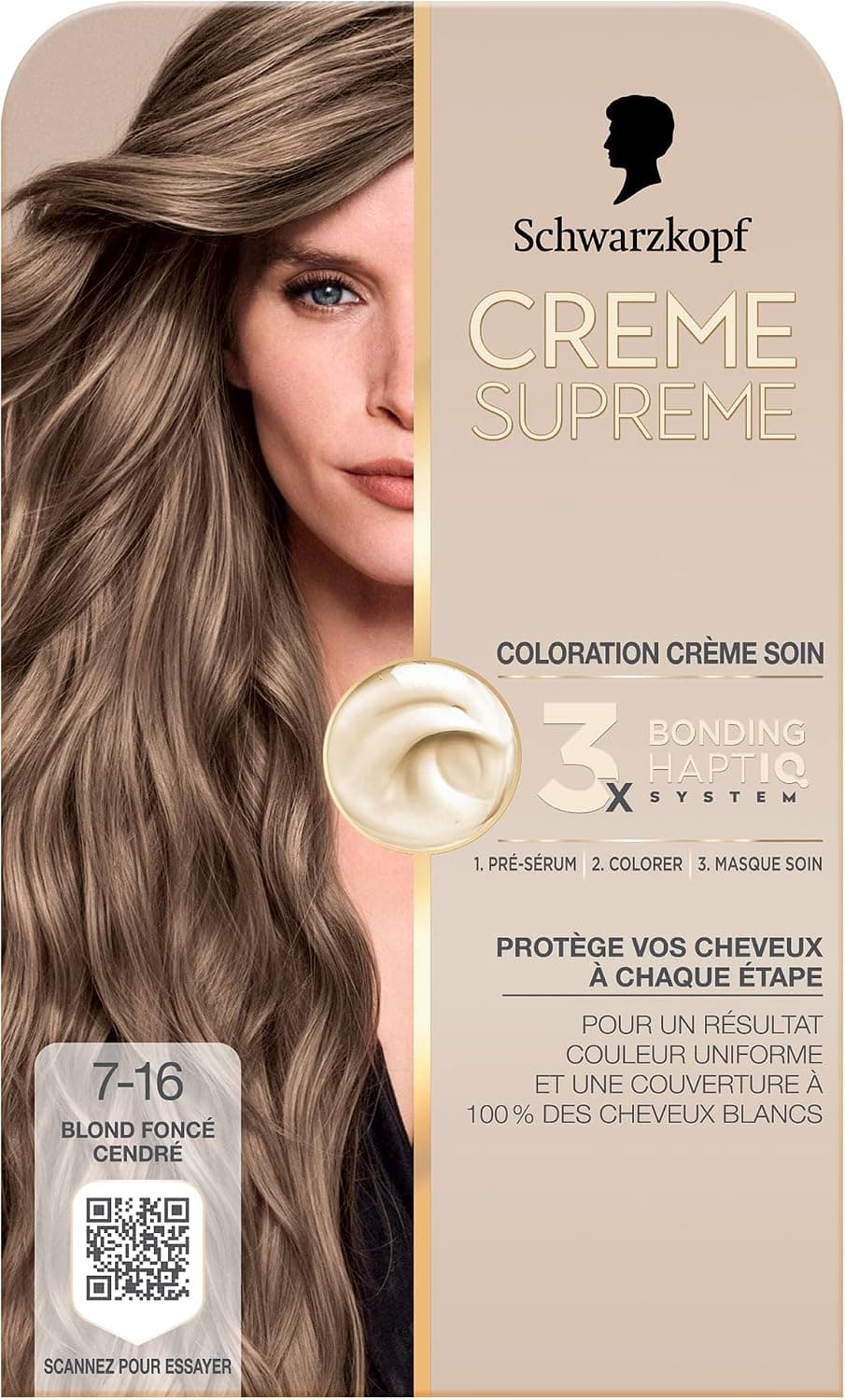 Creme Supreme - Schwarzkopf - Coloration Permanente- Resultat Couleur Uniforme - Coloration Creme Soin - Bonding - Pre-serum et Masque Soin - Couverture 100% Cheveux Blancs - 7-16 -Blond Fonce Cendre