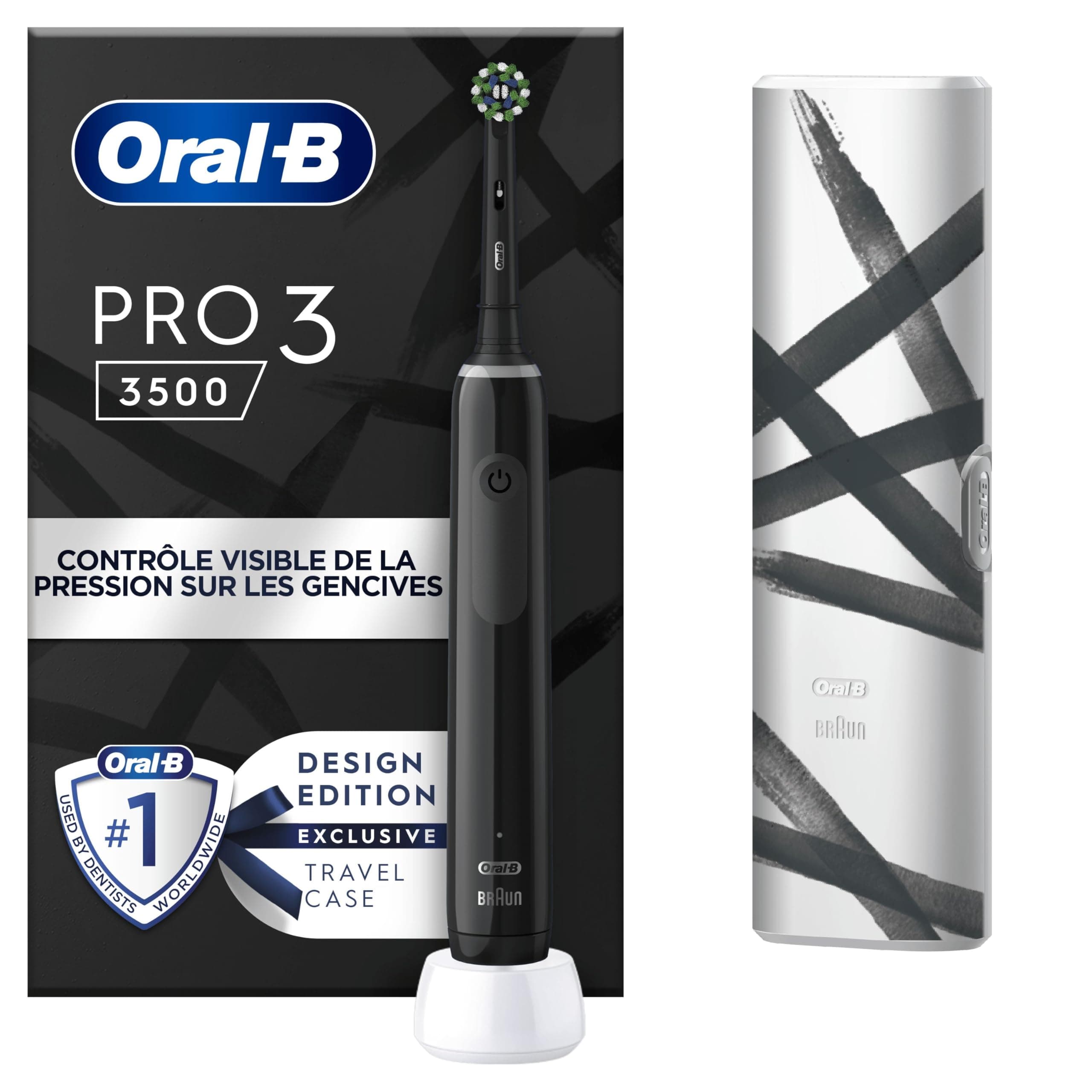 Oral-B Pro 3500 Brosse À Dents Électrique Noire, Avec Un Capteur De Pression Pour Protéger Les Gencives Sensibles, Avec Des Accessoires, 1 Brossette Ronde, 1 Étui De Voyage, Conçue par Braun - Image 9