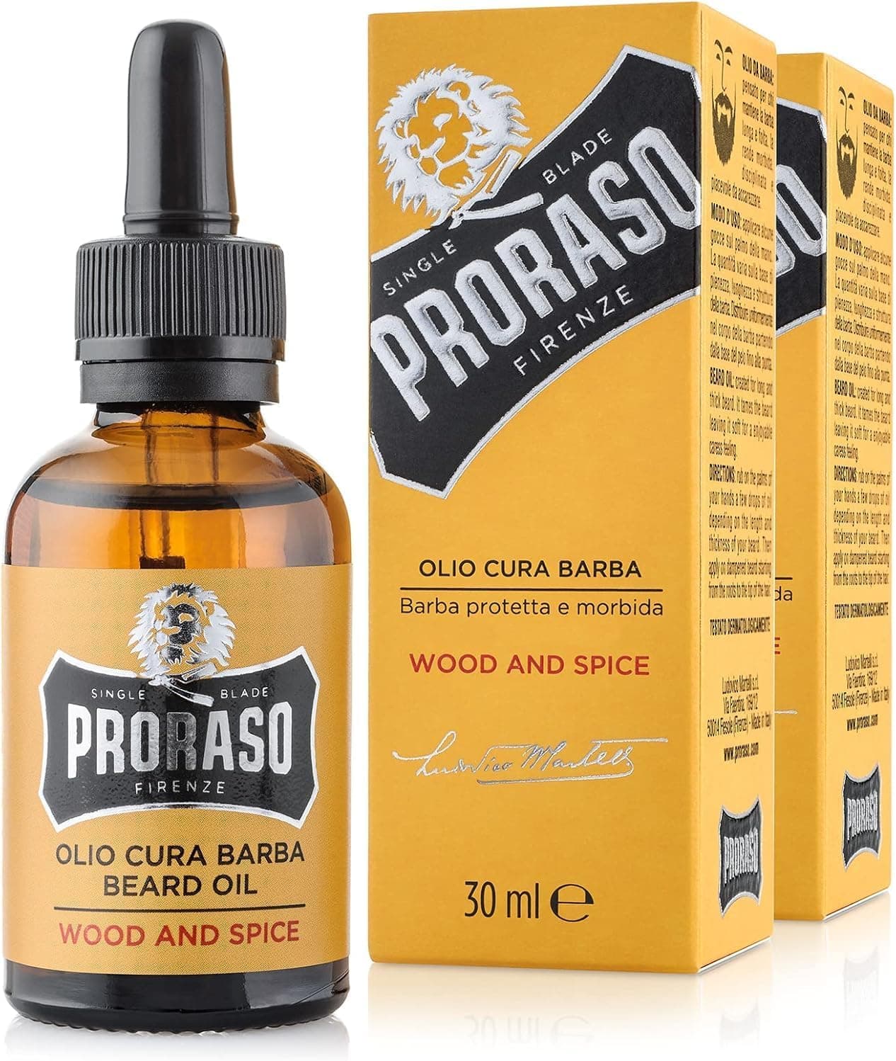 Proraso Lot de 2 huiles à barbe Wood & Spice, 2 x 30 ml, Soin visage homme qui lisse et protège, Huile pour barbe longue, Fabriqué en Italie