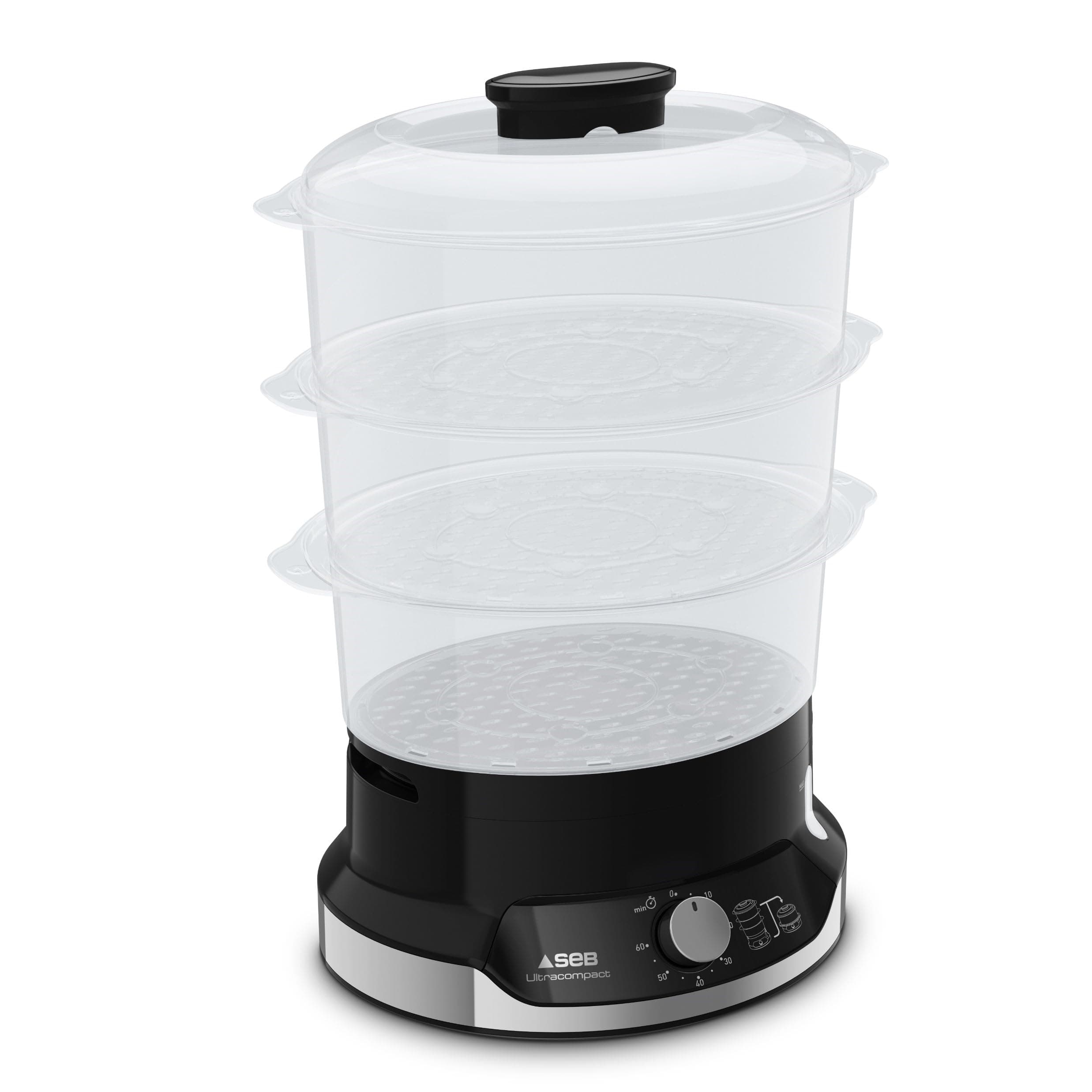 Seb Seb Ultracompact Steamer, Healthy Cooking, 9 L, 800 W, 3 Stackable Bowls, Rice and Cereal Tray, 60 Minute Timer, Automatic Shut-off, Visible Water Level, Easy to Store VC204800