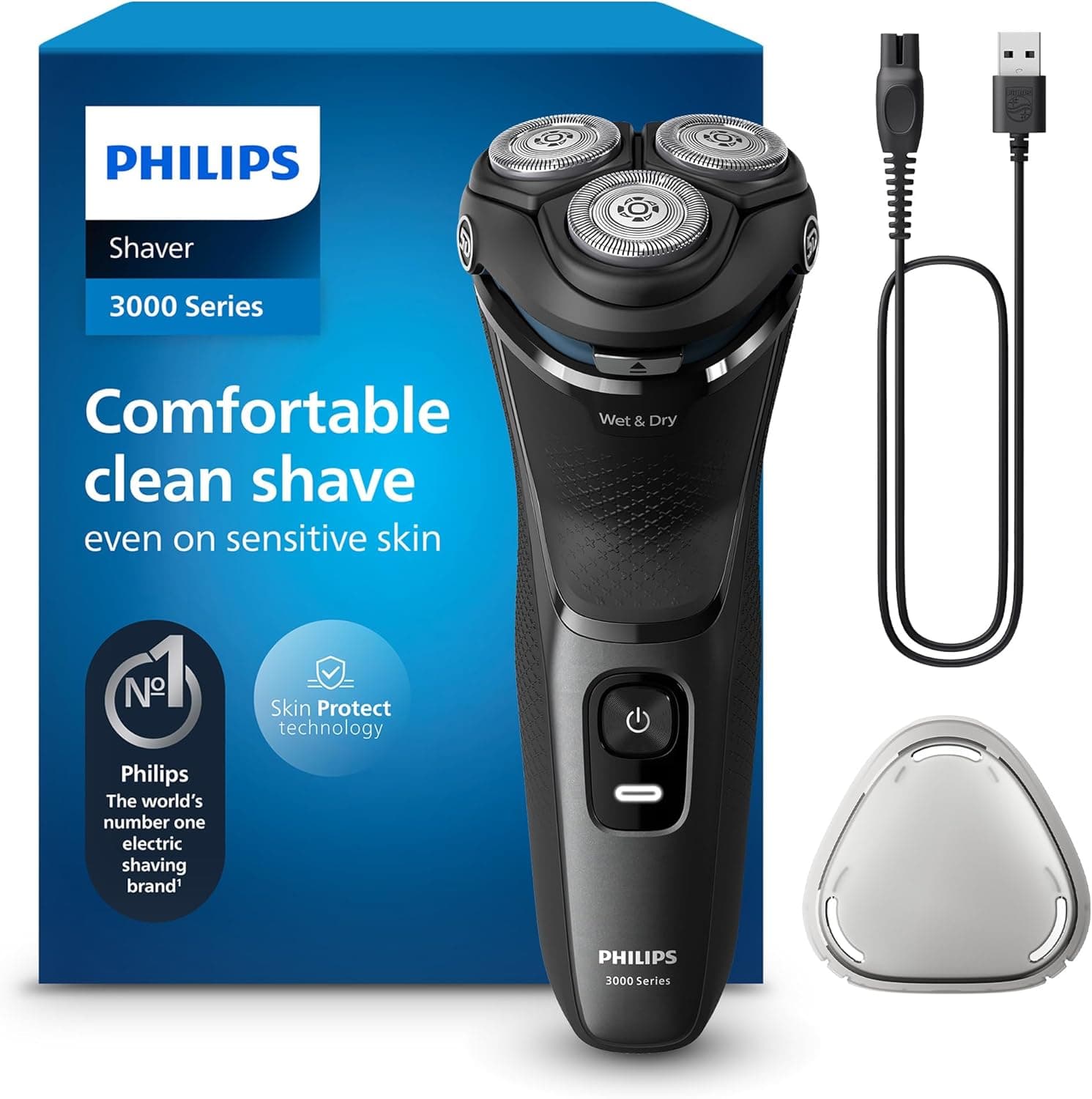 Philips Philips Electric Shaver Series 3000 - rasoir électrique Wet & Dry pour hommes avec technologie SkinProtect, couleur Lune foncée, tondeuse à barbe rétractable, rasoir sans fil (modèle S3145/00)
