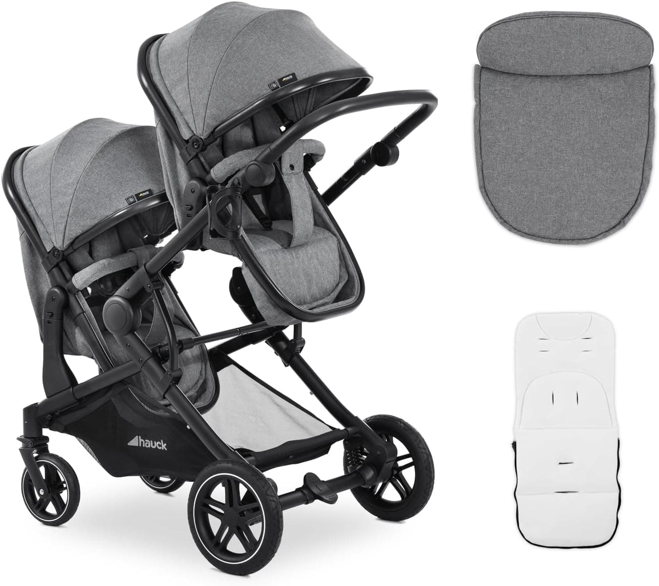 hauck Atlantic Twin Double Stroller - From Birth up to 15 kg per Child - 2 Carrycot Convertible to Reclining Seats - Foldable - Height Adjustable - Rubber Wheels, Heather Grey