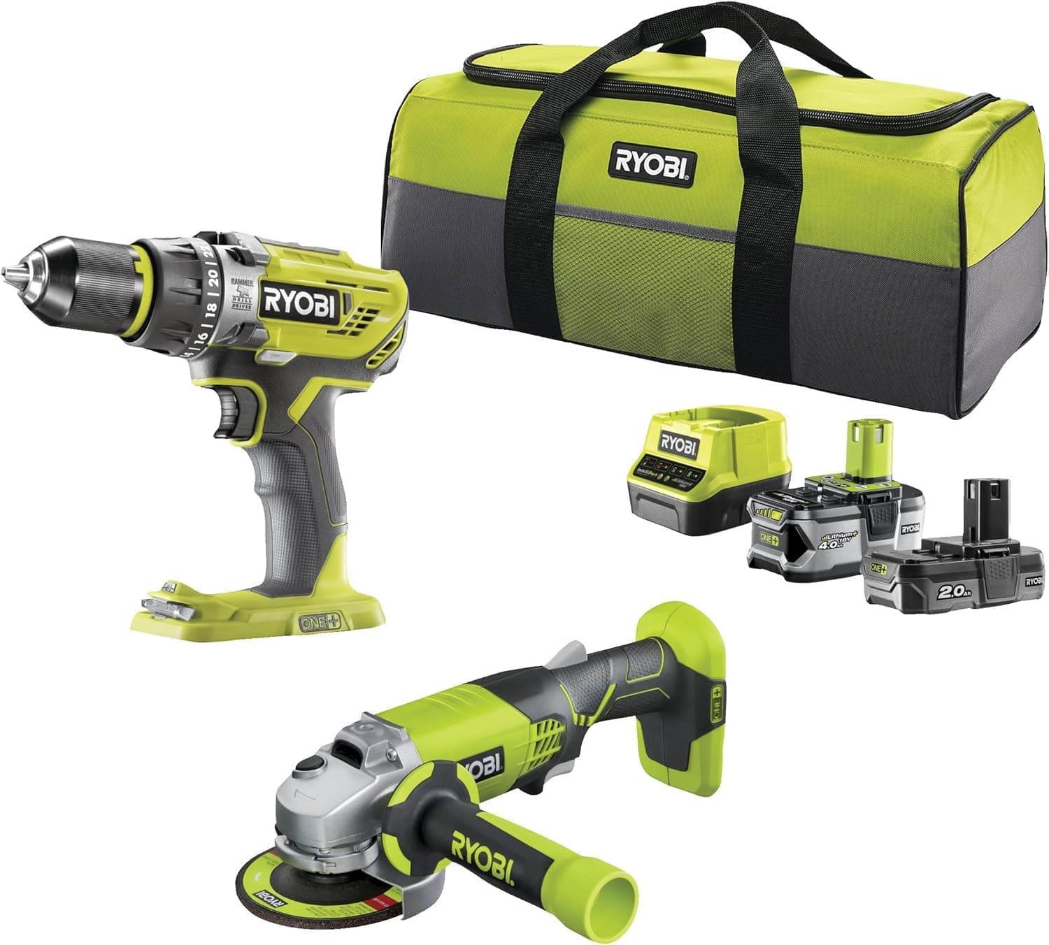 RYOBI 5133003842 - Combo 2 Outils 18 Volts ONE Plus : 1 Perceuse Percussion Plus 1 Meuleuse d'angle 115 mm 2 Batteries (2 and 4Ah), Chargeur, Sac de Transport - R18PDAG-242S