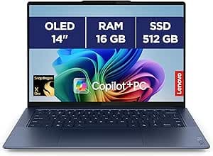Lenovo Yoga Slim 7 14Q8X9 – Copilot Laptop + 14 Inch 3K OLED 90Hz (Qualcomm – SD Elite X, 16GB RAM, 512GB SSD, Windows 11 Home) AZERTY FR Backlit Keyboard – Cosmic Blue