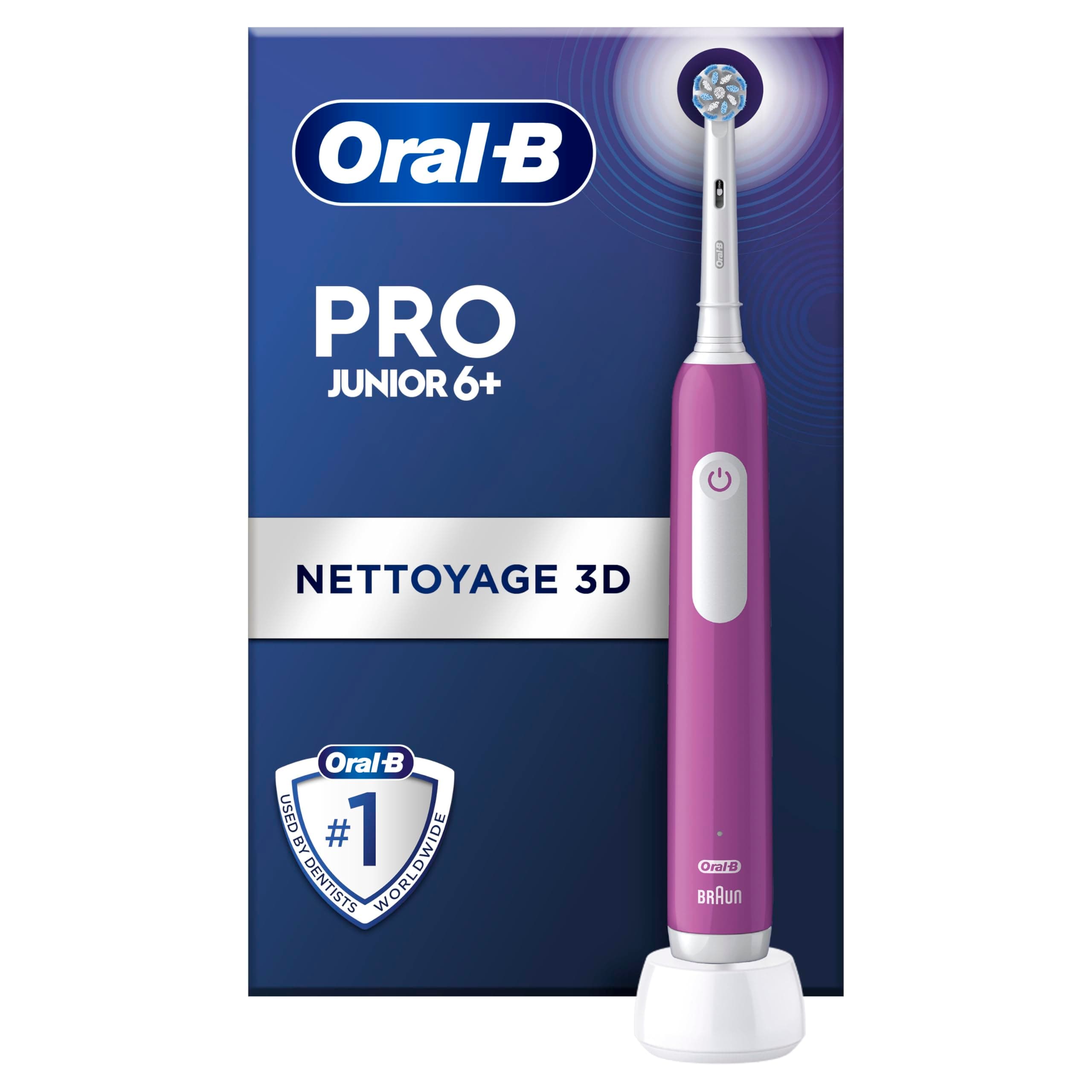 Oral-B Pro Junior Children's Electric Toothbrush, Effective yet Gentle Cleaning for Sensitive Teeth, Good Dental Hygiene For Children 6 Years +, 1 Charger, 1 Round Brush, Purple - Image 1