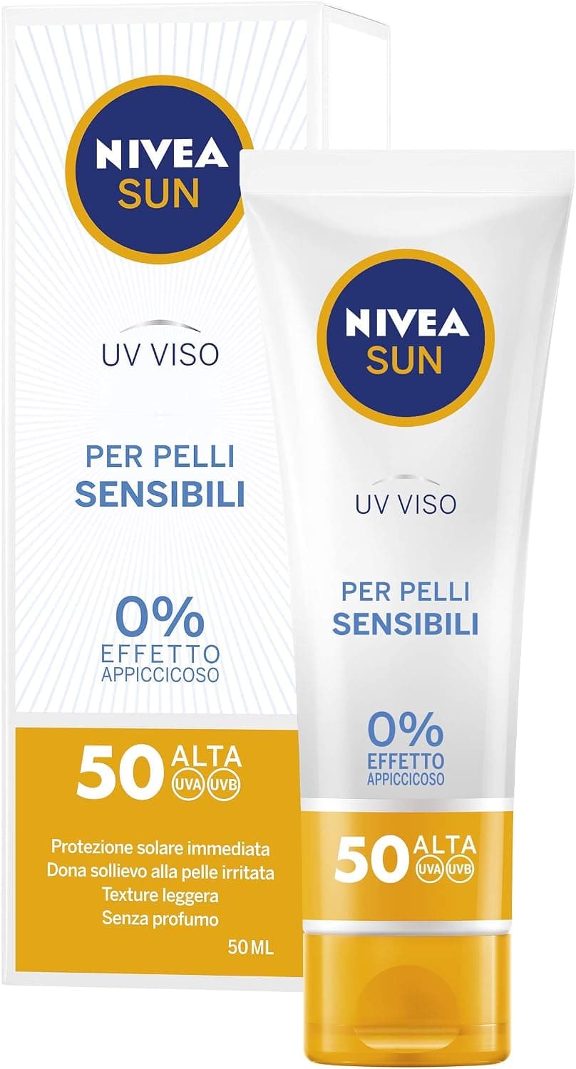NIVEA SUN Crème UV Visage Sensitive SPF50 50 ml Crème solaire visage 50 pour peaux sensibles, Protection solaire du visage contre les allergies solaires, Crème visage SPF 50 sans parfum texture légère