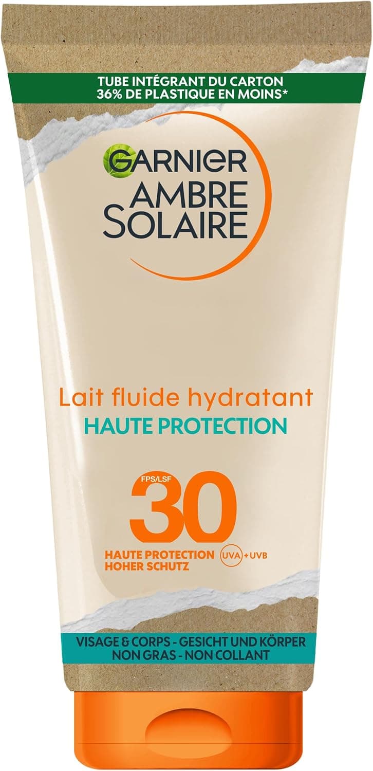 GARNIER Ambre Solaire - Lait Fluide Hydratant - Haute Protection Solaire - FPS 30 - Protège des UVA & UVB - Hydratation 24h - Résiste à L'Eau - Fini Invisible - Visage & Corps - 175 ml - Image 1