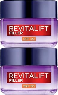 L'Oréal Paris Revitalift Filler Crème de Jour Anti-Âge Anti-Rides et Volumatrice Visage Protection SPF 50 avec Acide Hyaluronique Longue Durée - 2 Pots de 50ml